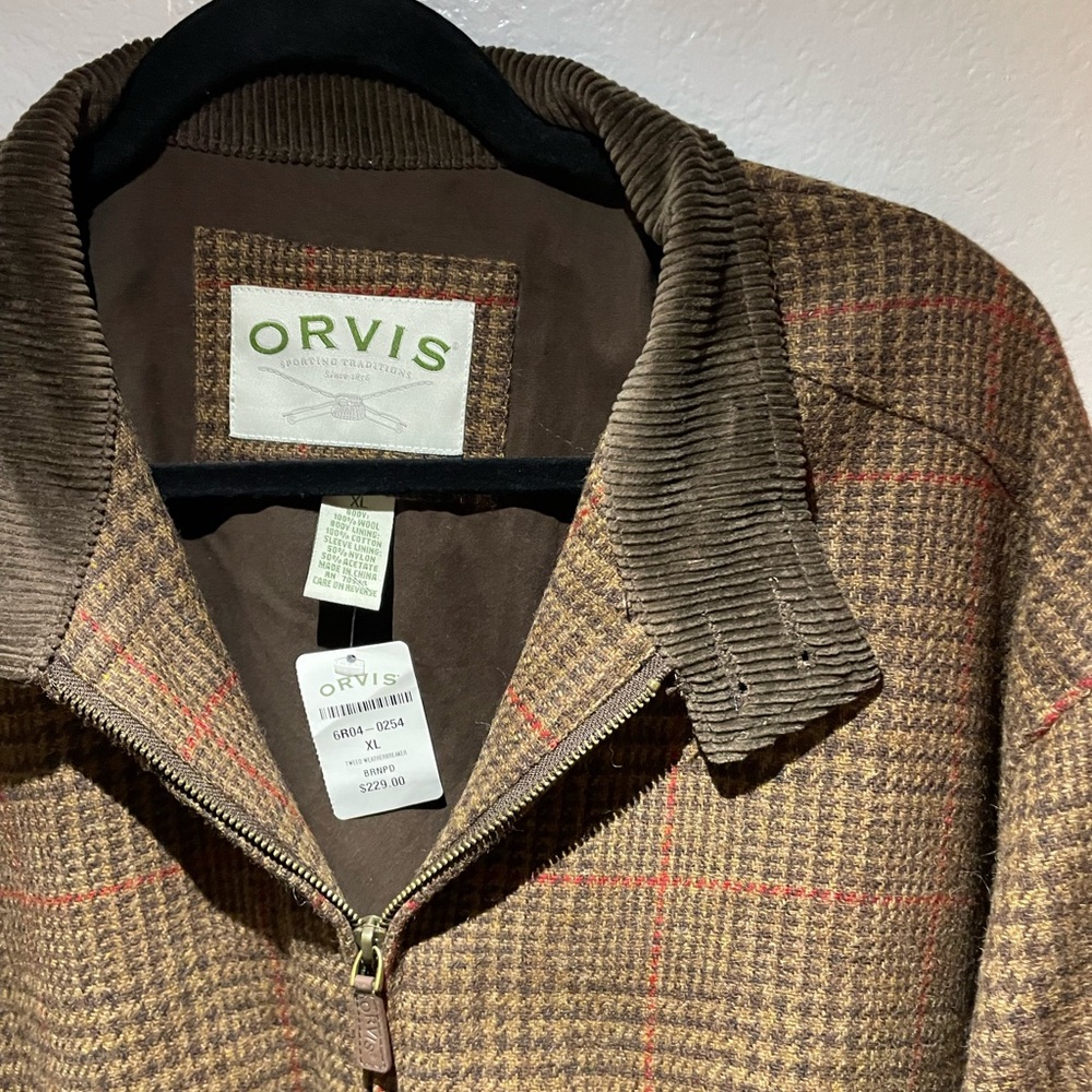 Orvis Vtg Wool Brown Check Plaid Bomber Jacket XL Corduroy Collar Houndstooth - Picture 7 of 8